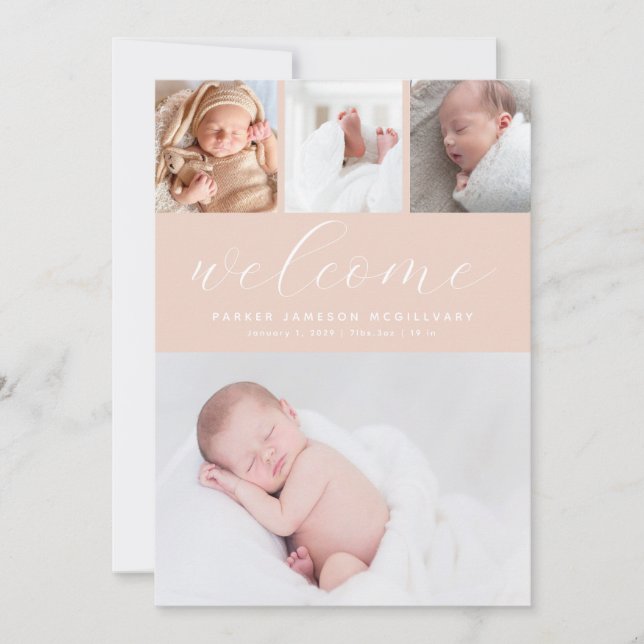 Modern Blush Välkomst Foto Collage Baby Flicka Föd Meddelande (Framsida)