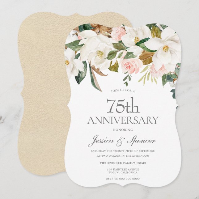 Modern Blush Vit Blommig 75-års Bröllopsjubileum Inbjudningar (Fram/baksida)