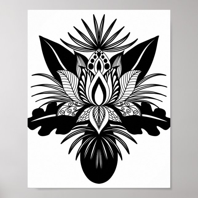 Modern Bohemian Black White Tropical Lotus Löv Poster (Framsidan)