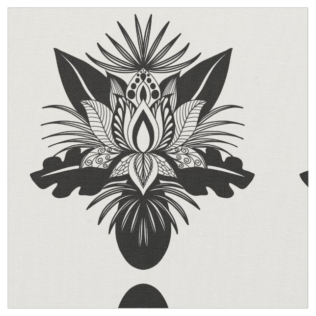 Modern Bohemian Black White Tropical Lotus Löv Tyg (Närbild)