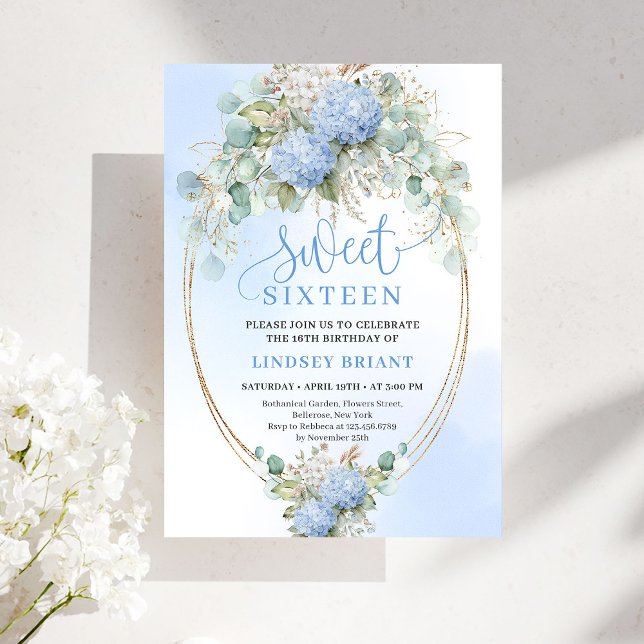 Modern Bohemian Blue Floral Gold Sweet 16 Birthday Inbjudningar (Modern Bohemian Blue Floral Sweet 16 Birthday Invite)