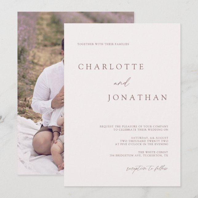 Modern Bohemian Cream & Mauve Photo Bröllop Inbjudningar (Fram/baksida)
