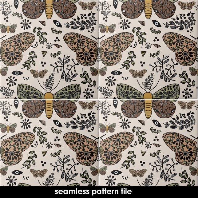 Modern Bohemian Moth Abstrakt Seamless Mönster Kakelplatta (Modern Bohemian Moth Abstract Seamless Pattern Ceramic Tile)
