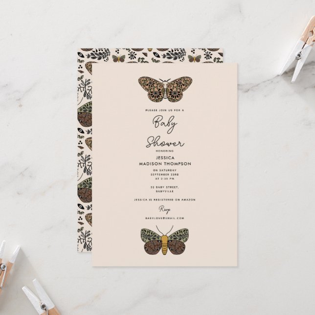 Modern Bohemian Moth WildblomBaby Shower Inbjudningar (Fram/Back In Situ)