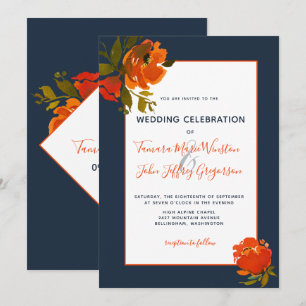 Modern Bohemian Orange Navy Blommigt Bröllop/hände Inbjudningar
