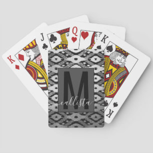 Modern Bohemian Silver Black Glitter Ikat Monogram Casinokort