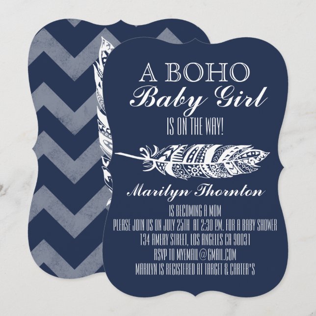 Modern Bohemian Tribal Feather Chevron Baby Shower Inbjudningar (Fram/baksida)