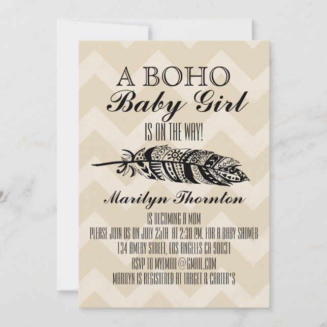 Modern Bohemian Tribal Feather Chevron Baby Shower Inbjudningar (Framsida)