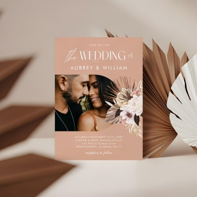 Modern Bohemian Watercolor Blommigt Photo Bröllop Inbjudningar (Modern Bohemian Watercolor Floral Photo Wedding Invitation)