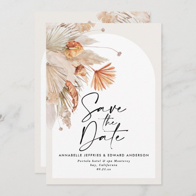 Modern bohemisk botaniskt teracotta pampas-gräs spara datumet (Fram/baksida)