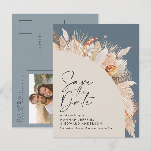 Modern bohemisk dammig blå pampasgräs foto annons meddelande vykort (Fram/baksida)