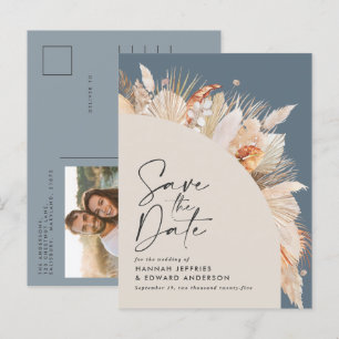 Modern bohemisk, dammig, blå pampasgräs och foto meddelande vykort