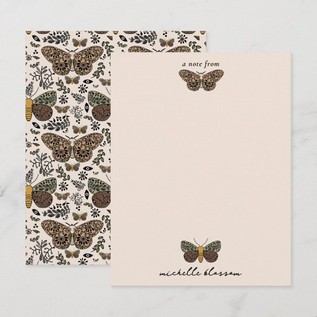Modern bohemisk Moth Vilda blommor Abstrakt Mönste Anteckningskort (Fram/baksida)