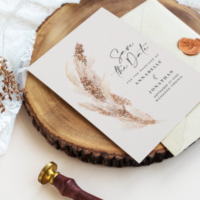 Modern bohemisk pampasgräs bröllop spara datumet (Skapare uppladdad)