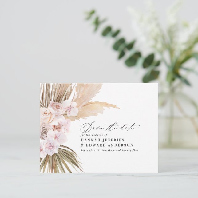 Modern bohemisk pampasgräs orkidé bröllopsannons meddelande vykort (Stående Fram)