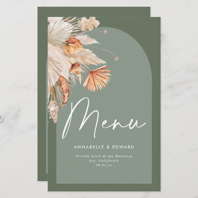 Modern bohemisk sagegrön pampasgräsbröllop (Fram/baksida)