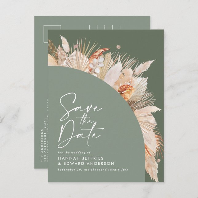 Modern bohemisk salvia grön pampas gräs foto Anno Meddelande Vykort (Fram/baksida)