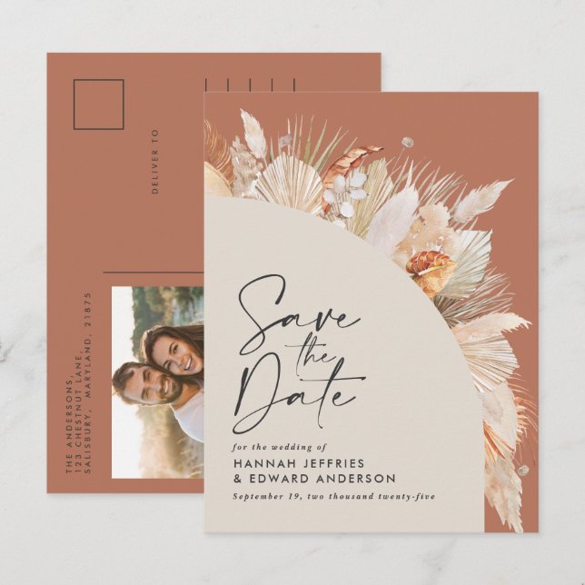 Modern bohemisk teracotta pampas gräsfoto anno meddelande vykort (Fram/baksida)