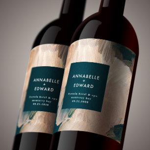Modern bohemisk teracotta teal bröllop vinflaska etikett