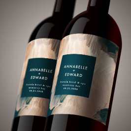 Modern bohemisk teracotta teal bröllop vinflaska etikett
