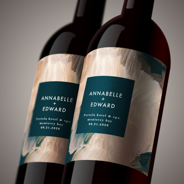 Modern bohemisk teracotta teal bröllop vinflaska etikett (Skapare uppladdad)