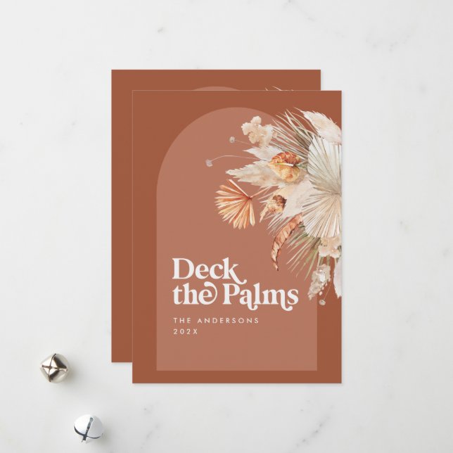 Modern, bohemisk, torkad botanisk jul i handflatan julkort (Fram/Back In Situ)