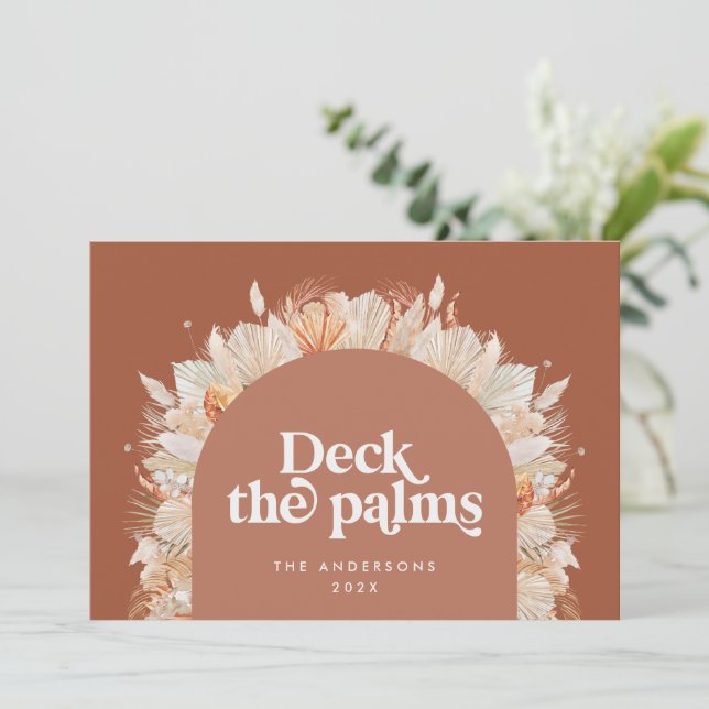 Modern, bohemisk, torkad botanisk jul i handflatan julkort (Stående Fram)