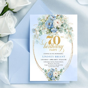 Modern Bohemsk Damask Blå Peonier 70-årsdag Inbjudningar