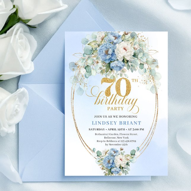 Modern Bohemsk Damask Blå Peonier 70-årsdag Inbjudningar (Modern Bohemian Dusty Blue Peonies 70th Birthday)