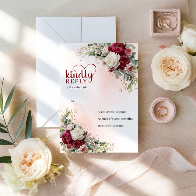 Modern Bohemsk Mörkröd Guld Blommig Bröllop RSVP OSA Kort (Glam Boho Burgundy Gold Flowers Wedding RSVP)