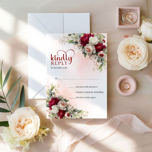 Modern Bohemsk Mörkröd Guld Blommig Bröllops-RSVP OSA Kort (Modern Bohemian Dark Red Gold Floral Wedding RSVP)