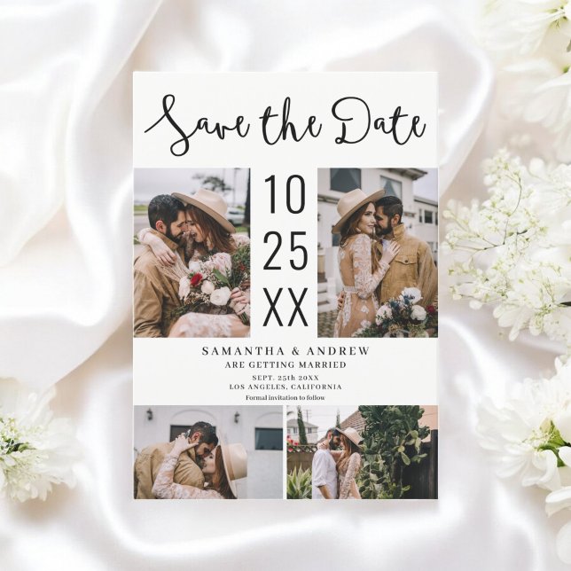 Modern Boho 4-Photo Black white Bröllop Spara Datumet (Modern Boho 4-Photo Black white Wedding Save The Date)