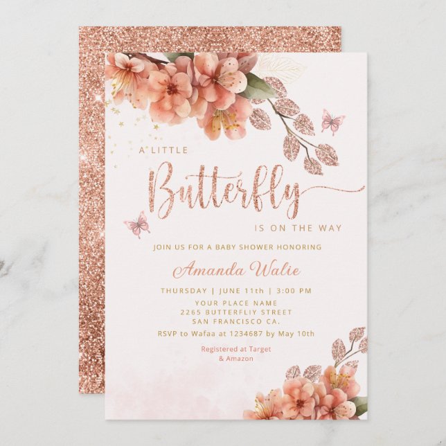 Modern Boho A Little Butterfly Girl Baby Shower Inbjudningar (Fram/baksida)