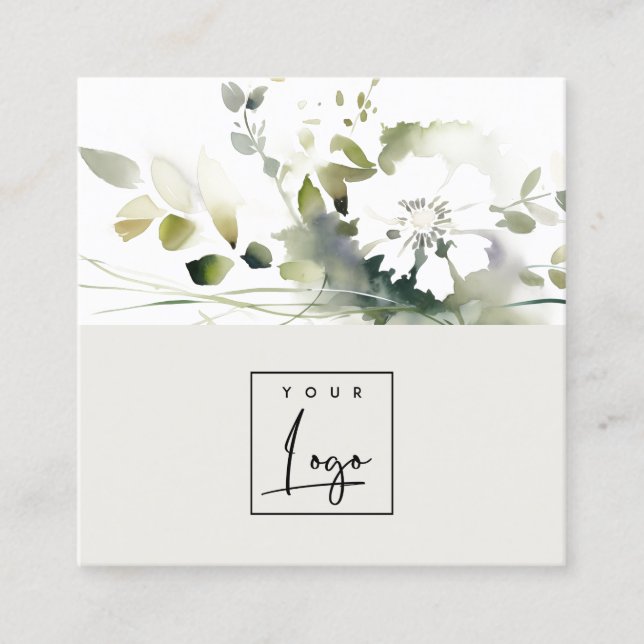 Modern Boho Abstrakt Grönt White Blommigt Logotyp Fyrkantigt Visitkort (Framsida)