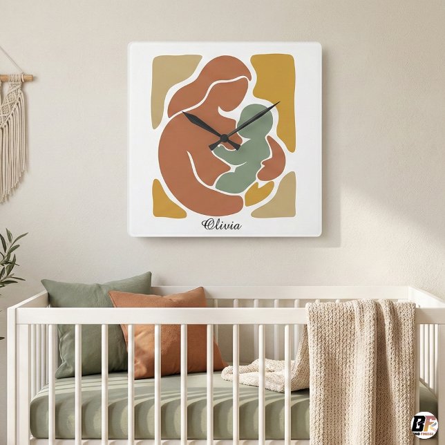 Modern Boho Abstrakt Mor och Baby Jordtoner C Fyrkantig Klocka (Skapare uppladdad)
