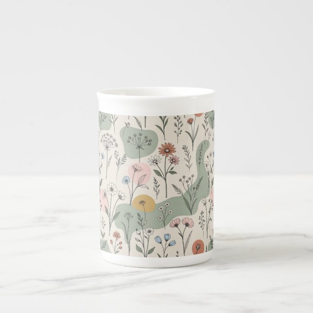 Modern Boho Abstrakt Vildblommamugg Benporslin Mugg (Framsidan)