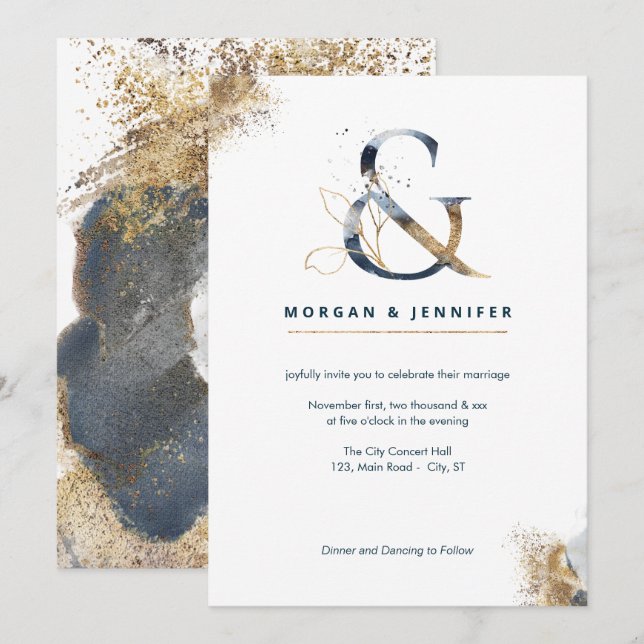 Modern boho ampersand navy och guld inbjudningar (Fram/baksida)