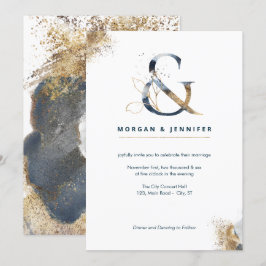 Modern boho ampersand navy och guld inbjudningar