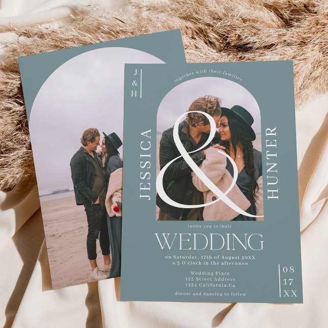 Modern boho arch 2 foton bröllop dammiga blått inbjudningar (Skapare uppladdad)