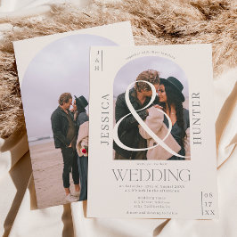 Modern boho arch 2 foton bröllop elfenben grått inbjudningar