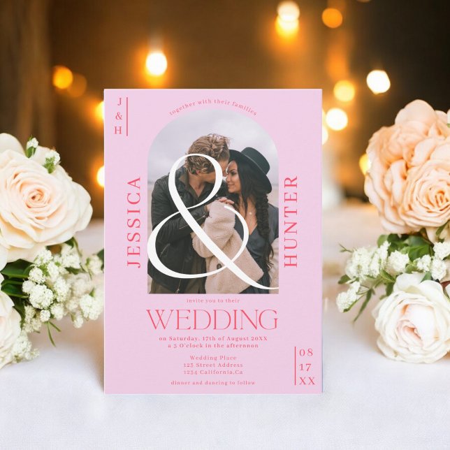 Modern boho arch 2 foton bröllop retro rosa inbjudningar (Modern boho arch 2 photos wedding retro pink invitation)