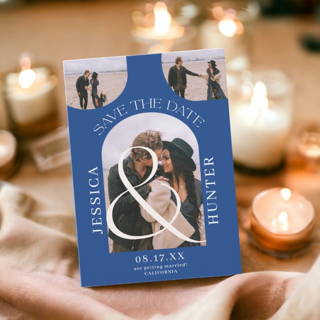 Modern boho arch 4 foton bröllop blue spara datumet (Modern boho arch 4 photos wedding blue save the date)