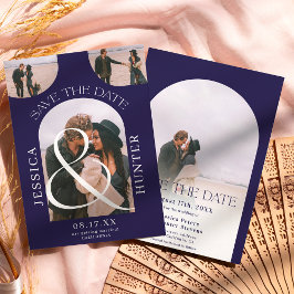 Modern boho arch 4 foton bröllop marinblått spara datumet