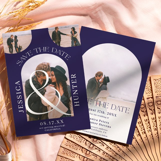 Modern boho arch 4 foton bröllop marinblått spara datumet (Skapare uppladdad)