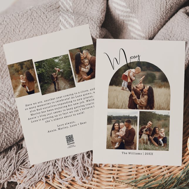 Modern Boho Arch Beige Merry Six Photo Julkort (Skapare uppladdad)