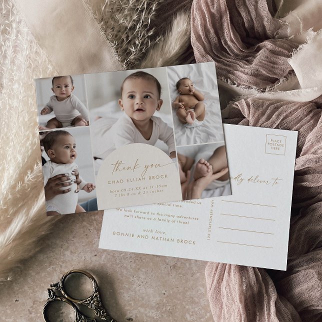 Modern Boho Arch Cream Multi Photo Tack Birth Meddelande Vykort (Skapare uppladdad)