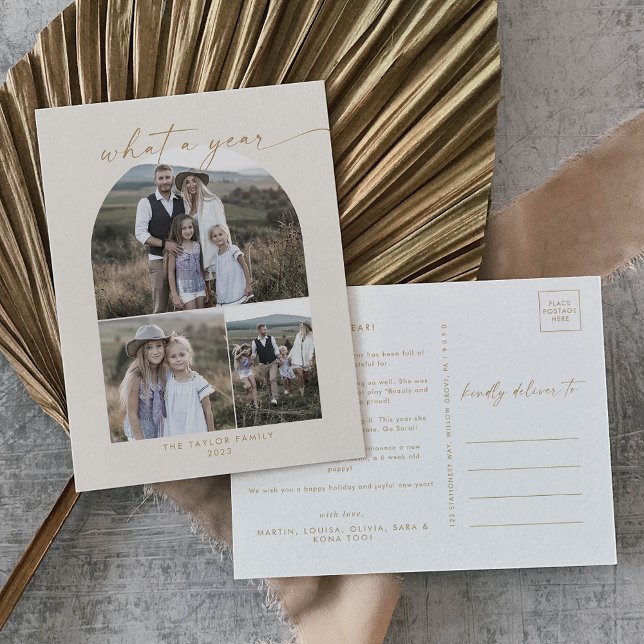 Modern Boho Arch Cream Photo Collage What A Year Helg Vykort (Skapare uppladdad)