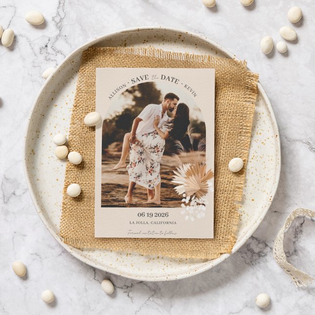Modern Boho Arch-fotominimalialist Bröllop Spara Datumet (Modern Boho Arch Photo Minimalist Wedding Save The Date)