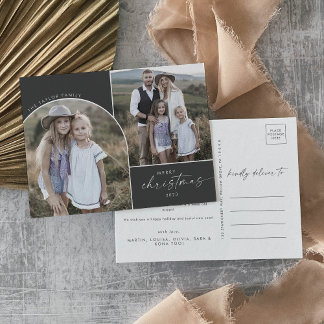 Modern Boho Arch | Grått 3-familjefoton jul Helg Vykort