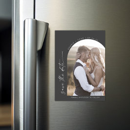 Modern Boho Arch Grått Bröllop Photo Save Date Magnetisk Inbjudningskort